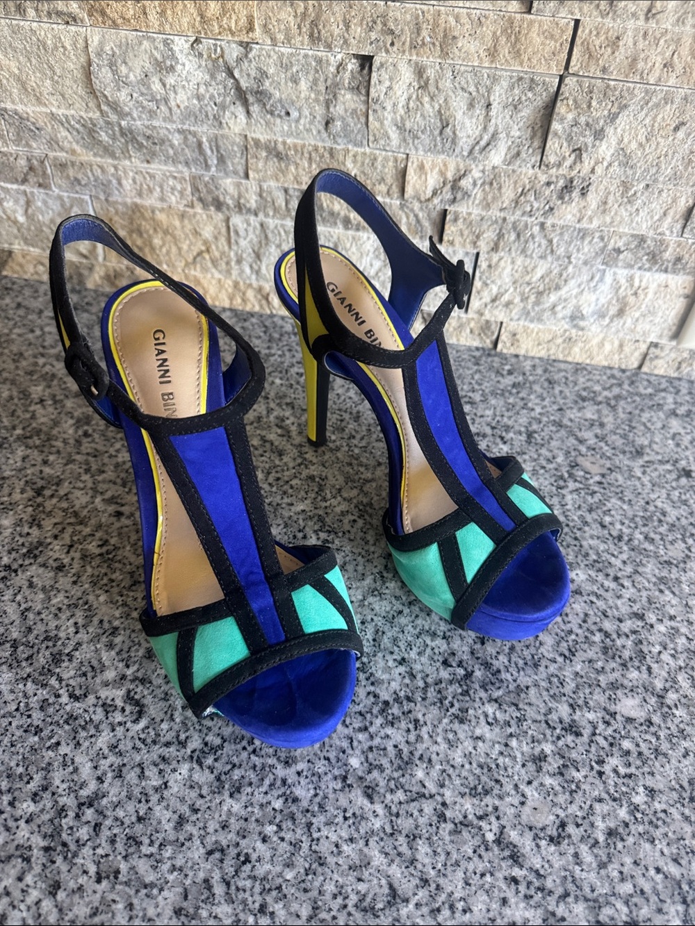 Gianni Bini Blue, Teal & Black Colorblock Suede T-Strap Heels - Size 6 - NWT